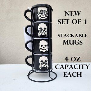 NEW Ceramic Skeleton Espresso Mugs Mug Set of 4 Stacking Stackable Black Stonewa
